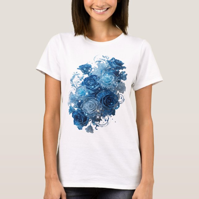 Camiseta Declaração Prata ROSAS AZUIS Design de Texto (Frente)