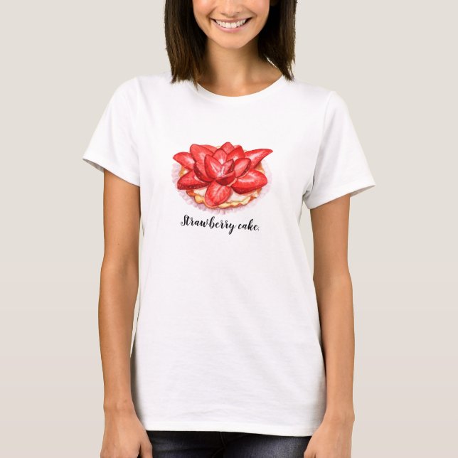 Camiseta Decoração aquosa pintada de bolo de morango. (Frente)