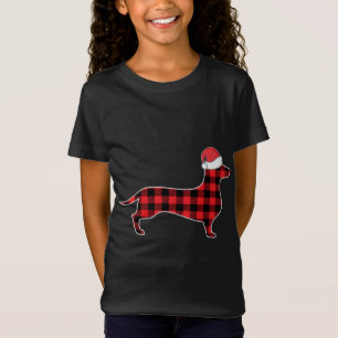 Camiseta Decorações de Natal Dachshund Xadrez Vermelha Buff