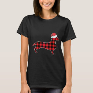 Camiseta Decorações de Natal Dachshund Xadrez Vermelha Buff