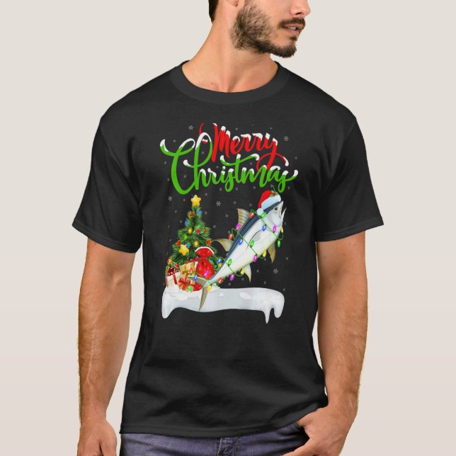 Camiseta Decorações de Natal de Atum Santa Atum Natal (Frente)