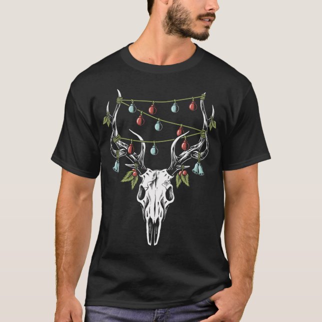 Camiseta Decorações do Crânio de Reindeer de Natal (Frente)