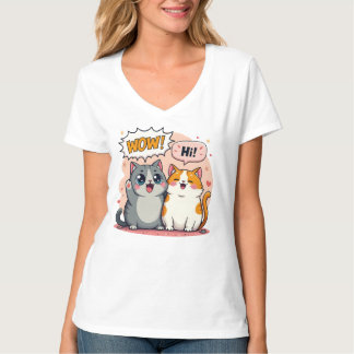Camiseta Decote V Cute Kawaii Cats Comic Dizendo W