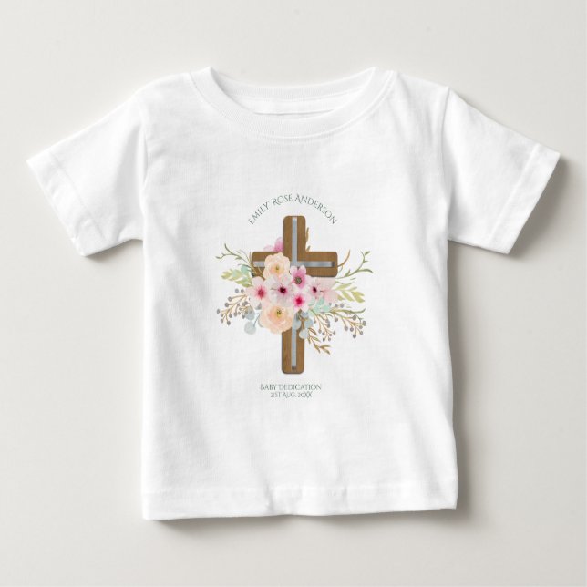 Camiseta Dedicação de BEBÊ personalizada Cruz Floral (Frente)
