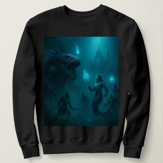Camiseta Deep Sea Kingdom – Epic Fantasy Warrior vs Sea Mon (Frente do Design)