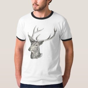 Camiseta Deer Buck Head com Antlers Black and White Art