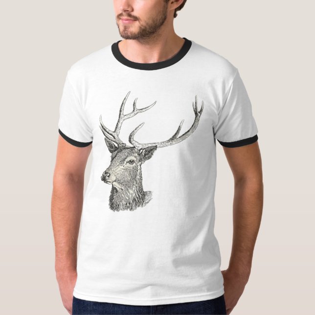 Camiseta Deer Buck Head com Antlers Black and White Art (Frente)