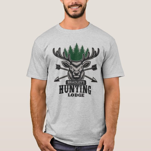 Camiseta Deer Elk Hunter ADD NAME Arco Hunting Lodge Cabin (Frente)
