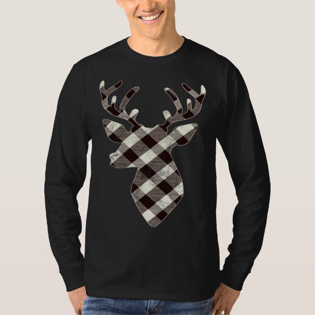 Camiseta Deer Head  Retro White Buffalo Plaid Christmas (Frente)