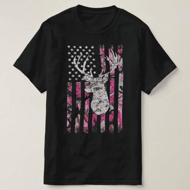 Camiseta Deer Hunting Camo American Flag Pink Buck  (Frente do Design)