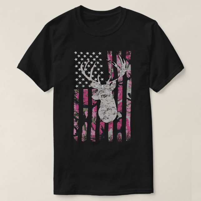 Camiseta Deer Hunting Camo Pink Camouflage American Flag Bu (Frente do Design)