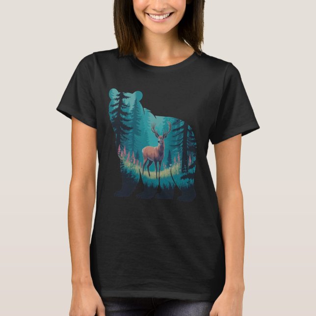 Camiseta Deer Inside Bear Silhouette Nature Wildlife Forest (Frente)