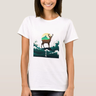 Camiseta Deer Wave Art - Ukiyo-e Moonlight Design