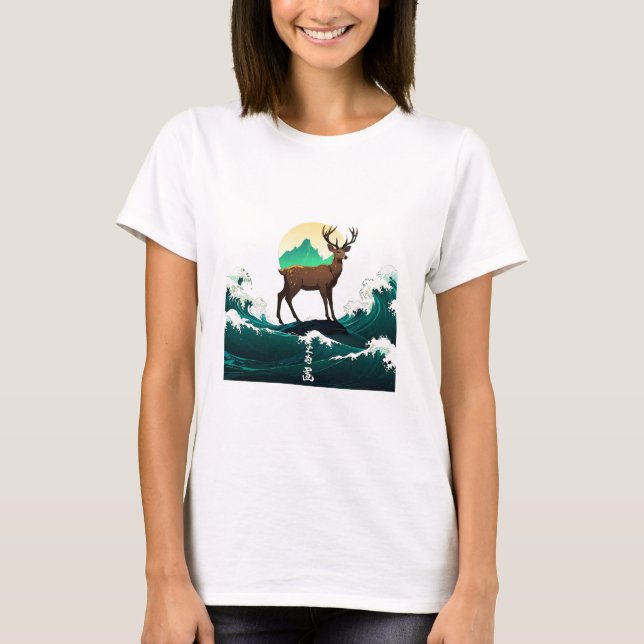 Camiseta Deer Wave Art - Ukiyo-e Moonlight Design (Frente)