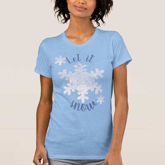 Camiseta Deixar nevar Texto Flocos de neve bonitos em azul (Frente)