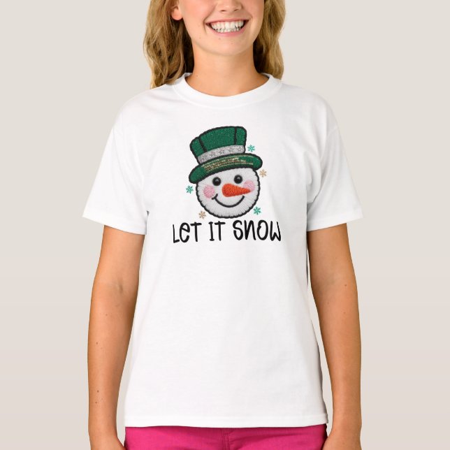 Camiseta Deixe Nevar, Boneco de Neve de Crochê Falso (Frente)