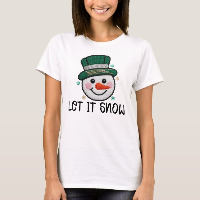 Camiseta Deixe Nevar, Boneco de Neve de Crochê Falso (Frente)