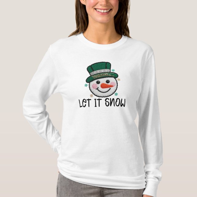 Camiseta Deixe Nevar, Boneco de Neve de Crochê Falso (Frente)