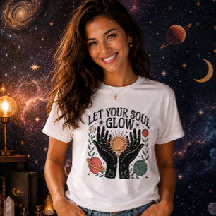 Camiseta Deixe Sua Alma Brilhar Sol e Planetas Místicos