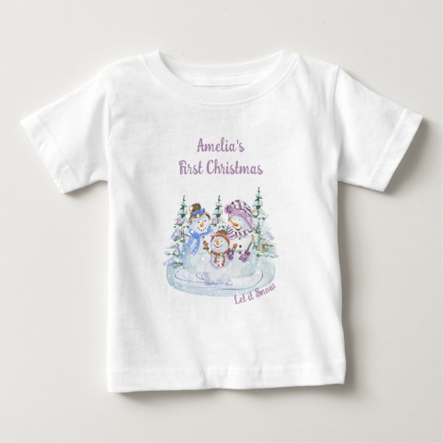 Camiseta Deixem-na Neve Feliz Snowman Garota no Primeiro Na (Frente)