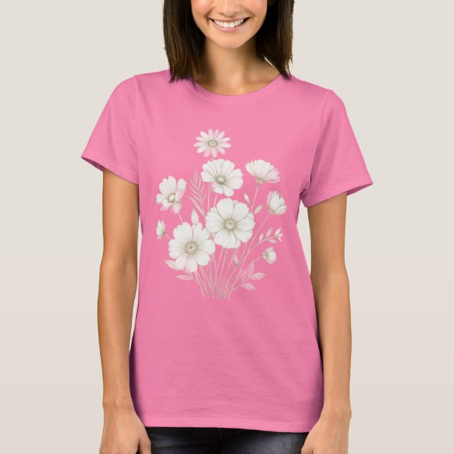 Camiseta Delicado Buquê de Cosmos em Linha Arte com Graça (Frente)