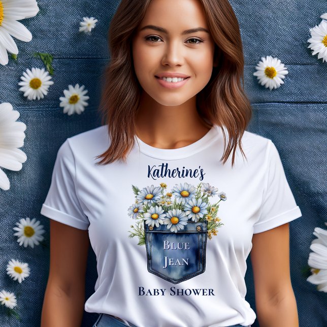 Camiseta Denim Blue Jean | Daisies Floral Chá de fraldas (Blue Jean Pocket Denim and Daisies Baby Shower T-Shirt)