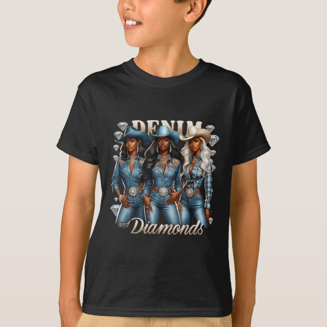 Camiseta Denim E Diamantes Africanos Melanina Swag Cowgirl  (Frente)