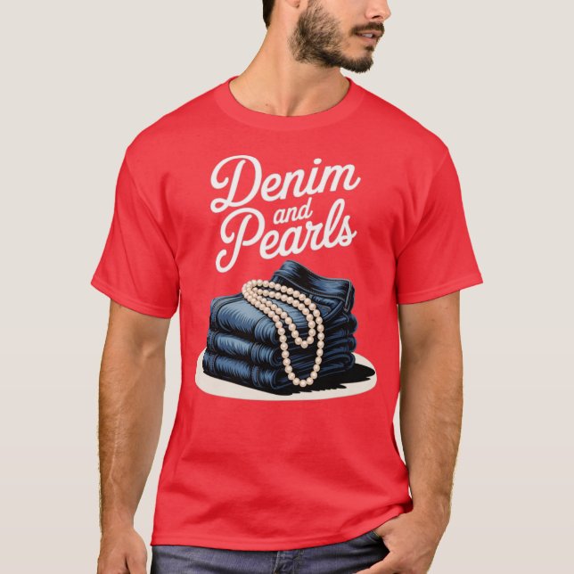 Camiseta Denim e Pérolas para Mulheres 2025 Denim com Pérol (Frente)