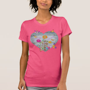 Camiseta Denim Pocket Heart Flowers Borboletas Rosa