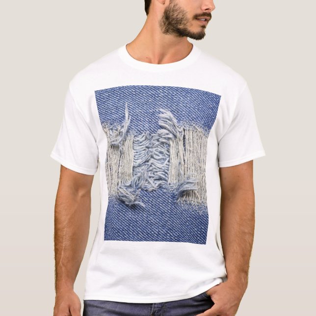 Camiseta Densidade azul rasgada: textura do jeans. (Frente)