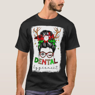 Camiseta Dental Hygienist Messy Bun Leopard Xadrez Chrismta