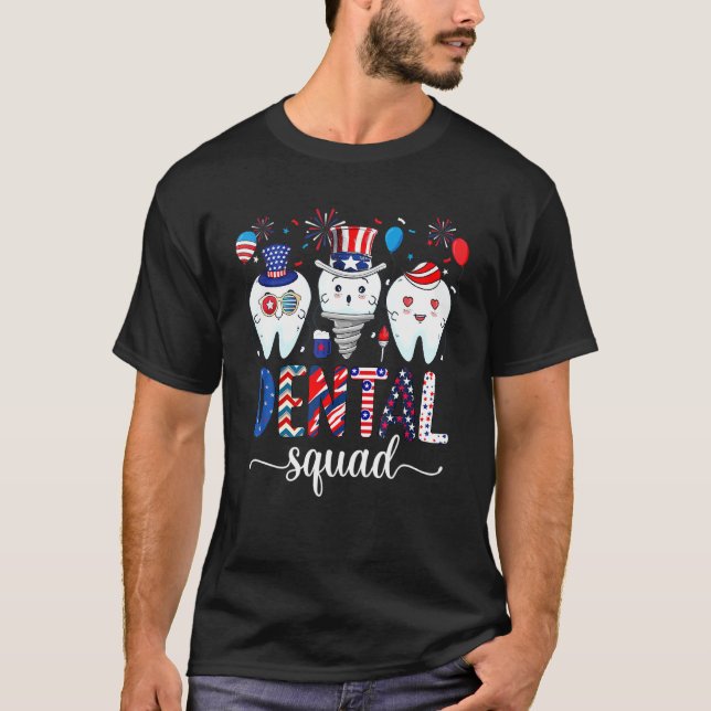 Camiseta Dental Squad Usa Patriótico 4 De Julho Fogos De Ar (Frente)