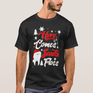 Camiseta Dentis Engraçado Aqui Vem Papais noeis Fios Dental