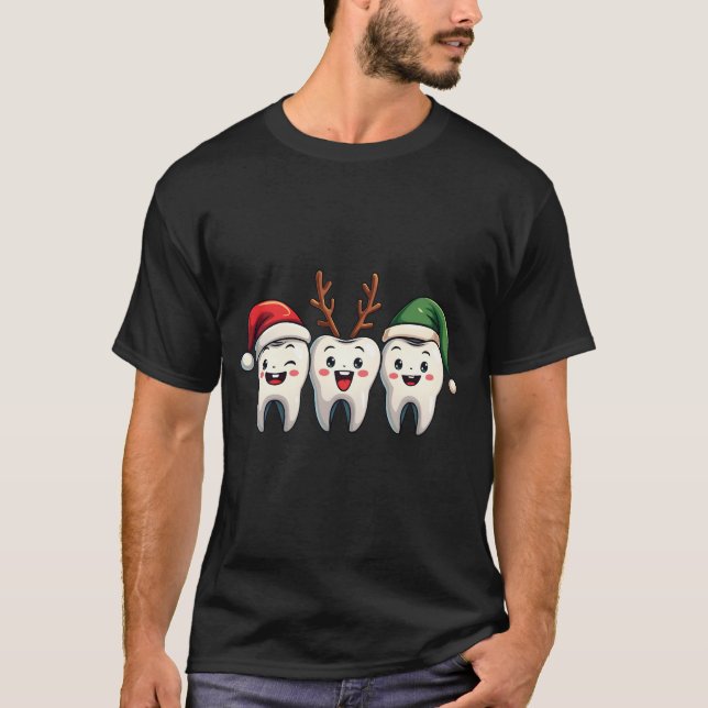 Camiseta Dentista Papais noeis de Natal Dental Flores Árvor (Frente)