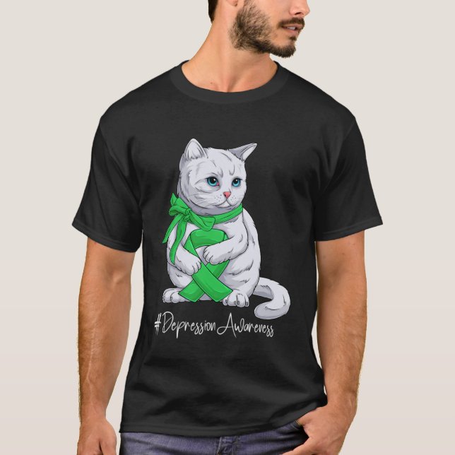 Camiseta Depression Awareness Month Green Ribbon Cat (Frente)
