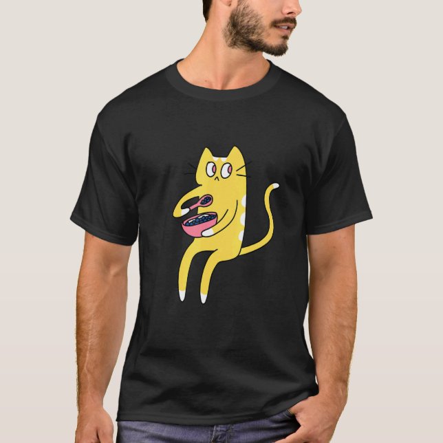 Camiseta Derpy Kitty Yellow and White Cat Eating Cereal (Frente)