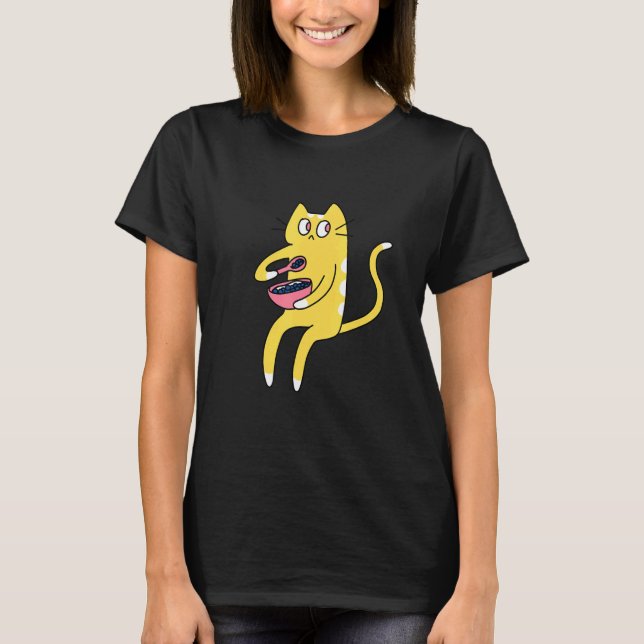 Camiseta Derpy Kitty Yellow and White Cat Eating Cereal (Frente)