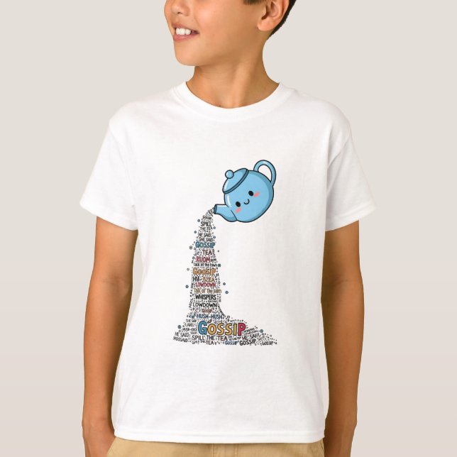 Camiseta Derramando o Chá Kawaii Bule de Fofoca Infantil (Frente)