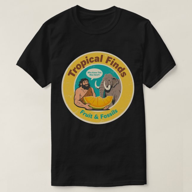 Camiseta Descoberta de Frutas Antigas Retrô Caveman & Mamut (Frente do Design)