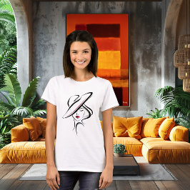 Camiseta Descrição de Arte Linear de Mulher com Chapéu