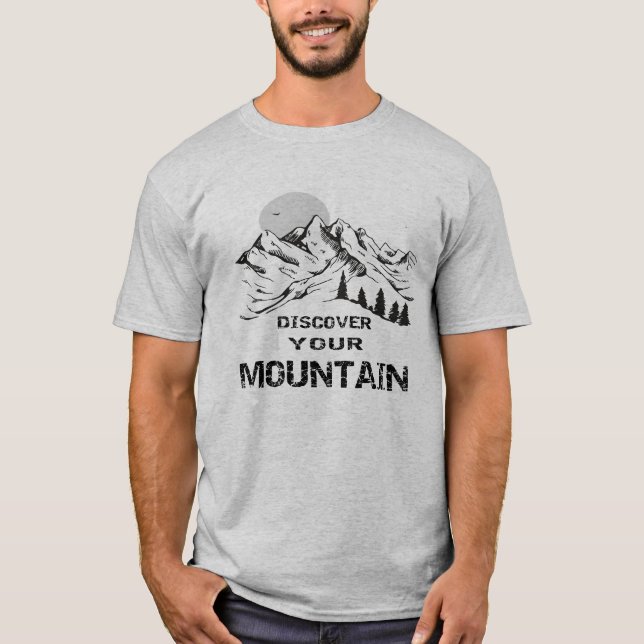Camiseta Descubra o seu equipamento de montanha de biciclet (Frente)