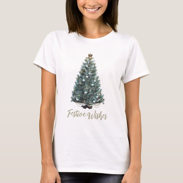 Camiseta Desejos Festivos. design de árvore de Natal (Frente)