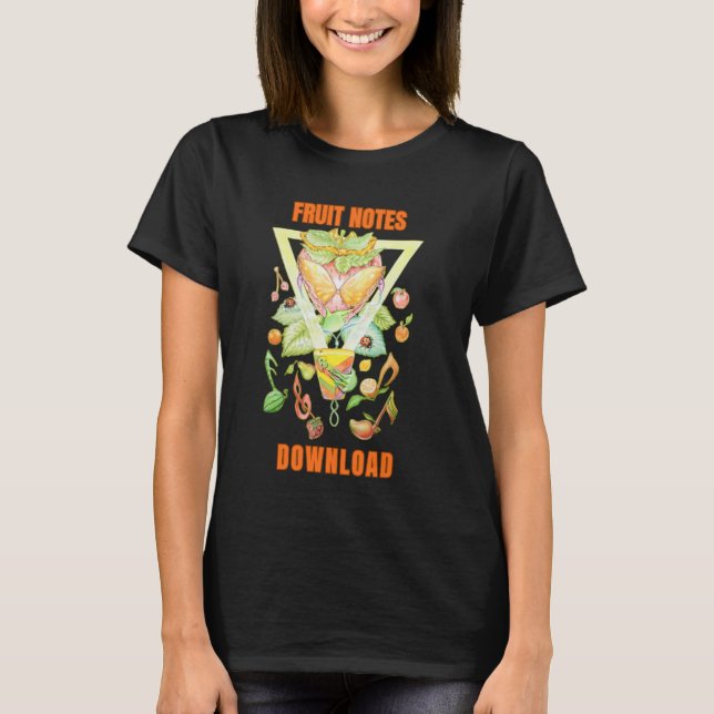 Camiseta Desenhada com Notas de Frutas Femininas (Frente)