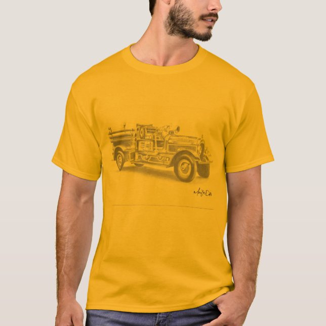 camiseta desenho a lápis de caminhão de bombeiros (Frente)
