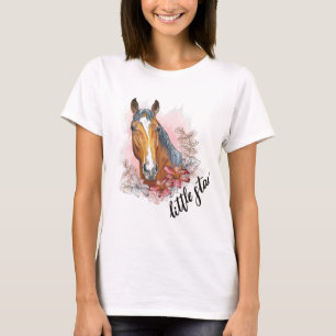 Camiseta Desenho à mão de cavalo com plantas e flores