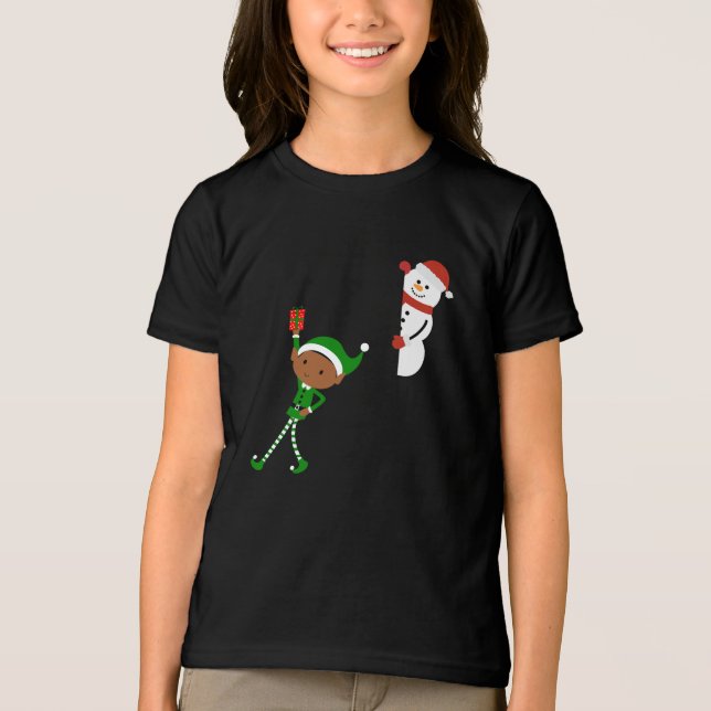 Camiseta Desenho Animado de Natal de Elfo e Boneco de Neve (Frente)