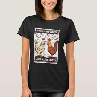 Camiseta Desenho Animado Duelo de Galinha Quem Pisca Perde 