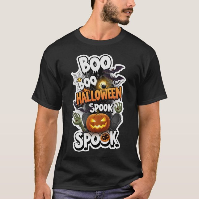 Camiseta Desenho assustador de Halloween com abóboras, morc (Frente)