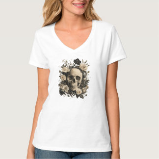 Camiseta Desenho Botânico Vintage de uma Caveira Humana