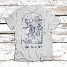 Camiseta Desenho Cristão de Polvo Águas Profundas Isaías 43